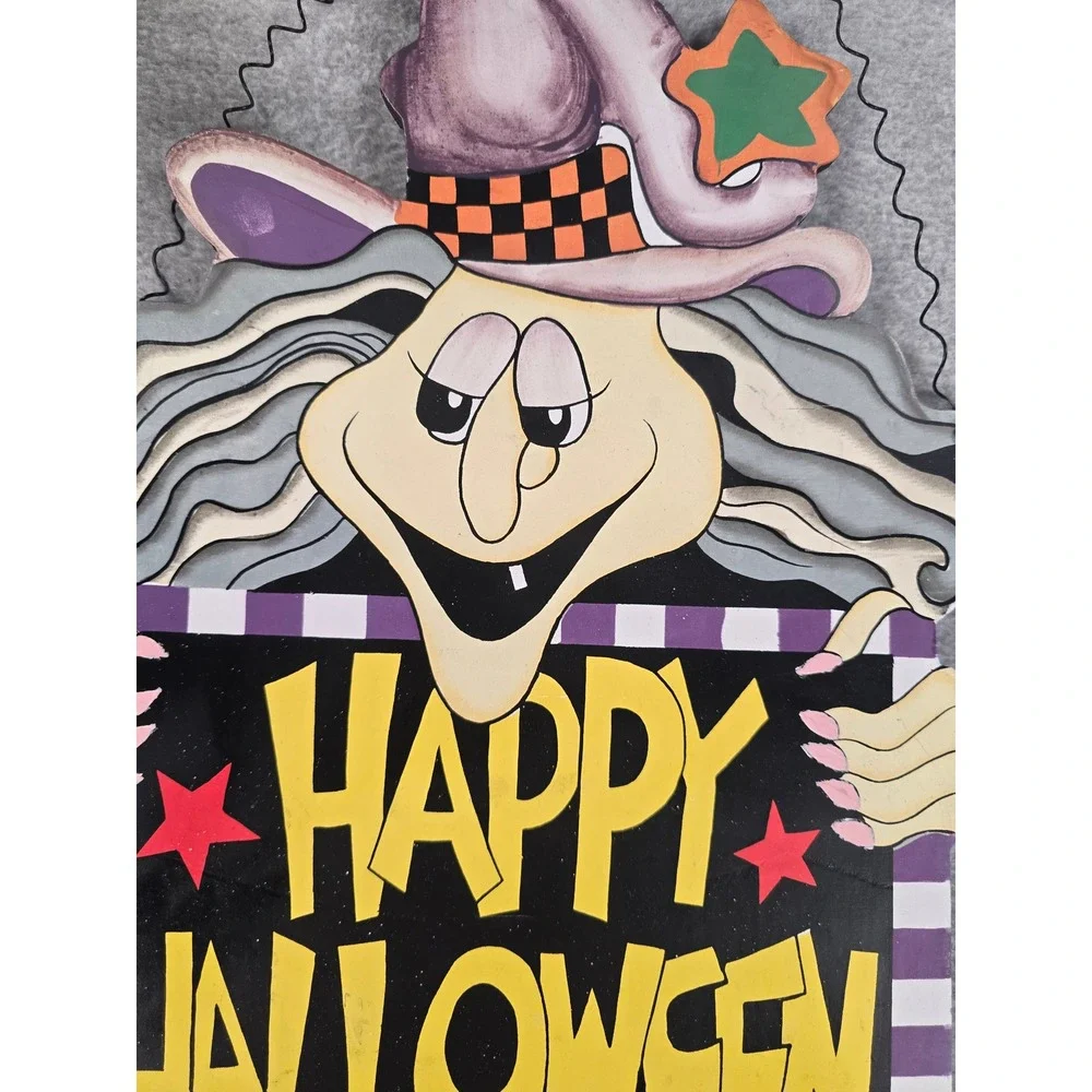 Vintage 90s Happy Halloween Sign Purple Witch Wall Decor Paper Warehouse Spooky
